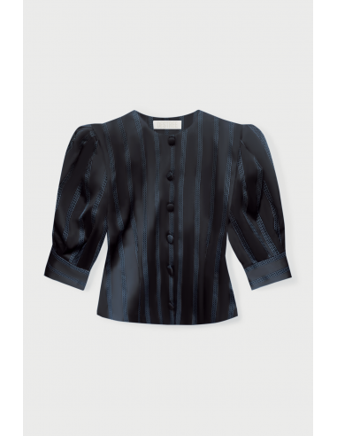 BLACK & CELESTE Satin Striped Blouse with Puff Sleeves shop